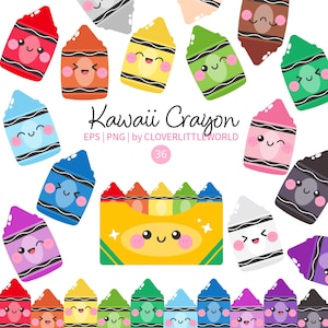 May include: A digital illustration featuring multiple colorful crayons with smiling faces, arranged around a central yellow crayon box. The text reads Kawaii Crayon, EPS | PNG | by CLOVERLITTLEWORLD, and the number 36. Each crayon displays a unique expression.