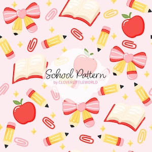 May include: A repeating pattern with school-related illustrations. The design includes red apples, open books, yellow pencils with pink erasers, pink bows, and paper clips on a light pink background. The text "School Pattern" is also present.
