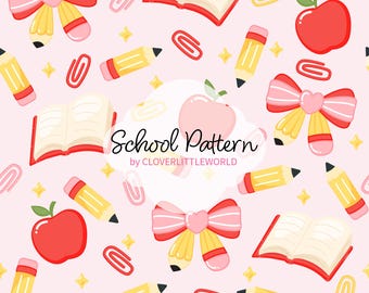 Niedliches zurück zu Schulnahtmuster, Kawaii Apple Bleistift-Buch-Digitalpapier, Lehrer-Klassenzimmerhintergrund PNG, digitaler Download