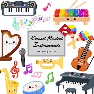 Op de afbeelding: Een verzameling Kawaii muziekinstrumenten, waaronder een keyboard, xylofoon, harp, microfoon, maracas, viool, piano, saxofoon, trompet en tamboerijn. De afbeelding bevat muzieknoten en de tekst "Kawaii Musical Instruments".