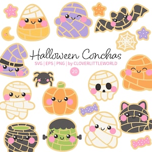 Halloween Concha SVG Bundle, Kawaii Geist Pan Dulce PNG Clipart, süßes gruseliges mexikanisches süßes Brot, Instant Download
