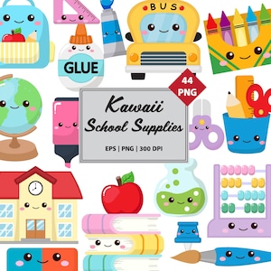 Kawaii School Supplies clipart, słodkie kreskówki PNG i pliki EPS, natychmiastowe pobieranie
