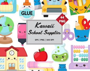 May include: A collection of kawaii-style school supplies, including a backpack, ruler, glue, bus, crayons, globe, highlighter, scissors, pencil cup, schoolhouse, apple, books, beaker, abacus, push pin, and paintbrush. The image includes the text "Kawaii School Supplies".