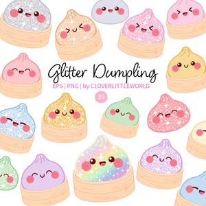 Può includere: Illustrazioni di ravioli glitterati in vari colori, ognuno con una faccia sorridente. I ravioli sono in cestini di bambù. Il testo recita "Glitter Dumpling" e "39".