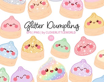 Kawaii glitter knoedel clipartbundel, schattige voedselpersonages, pastel dessert clipart, stickerontwerp voor kinderen, digitale download