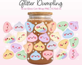 Glitter Dumpling Libbey Glass Can Wrap PNG 16 oz, Kawaii Colorful Dim Sum Tumbler Design, Kids Pastel Drink Cup PNG, Digital Download