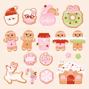 May include: A collection of Christmas-themed cookies in various shapes, including Santa Claus, gingerbread people, a wreath, and a gingerbread house. The cookies are decorated with pink, red, and white icing. The word "Cookies" is written on a pink jar.