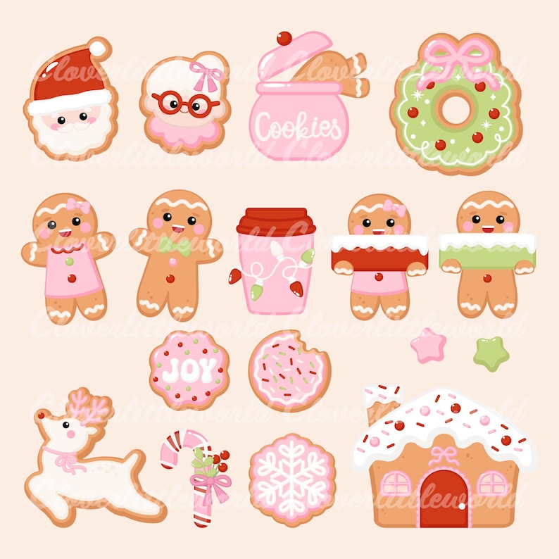 May include: A collection of Christmas-themed cookies in various shapes, including Santa Claus, gingerbread people, a wreath, and a gingerbread house. The cookies are decorated with pink, red, and white icing. The word "Cookies" is written on a pink jar.
