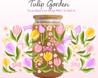 Tulip Garden Glass Can Wrap 16 oz PNG, Spring Coquette Floral Libbey Cup Wrap Sublimation (Digital Download)
