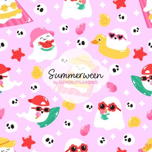 Puede incluir: Un patrón repetitivo sobre un fondo rosa presenta fantasmas de dibujos animados con gafas de sol, sombreros y sosteniendo sandía, helado y bebidas. El diseño incluye calaveras, conchas marinas, estrellas de mar y el texto "Summerween by CLOVERLITTLEWORLD."