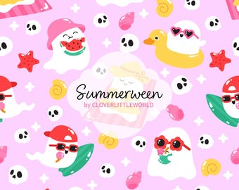 Summerween Seamless Pattern PNG, süßes gruseliges Geist-Sommer-Digitalpapier, Kawaii-Halloween-Strandmuster, Pastelloberflächendesign für Kinder