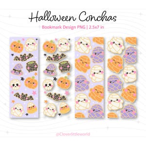 May include: Four vertical rectangular bookmark designs featuring cute Halloween-themed concha bread illustrations. The patterns include smiling pumpkins, mummies, bats, witch hats, skulls, and cauldrons in orange, purple, and white on a light purple background.