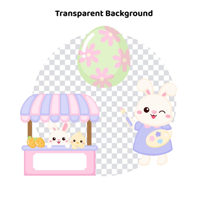 May include: An Easter-themed illustration with a bunny artist, a bunny and chick at a market stall, and a decorated egg. The bunny artist wears a blue dress and holds a paintbrush and palette. The market stall is pink and blue.