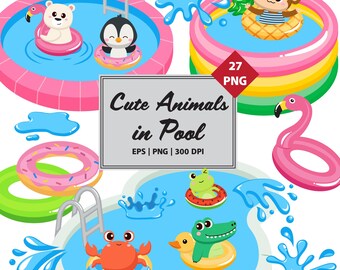 Summer Animals Pool Party Clipart: Kawaii PNG EPS (Digital Download)