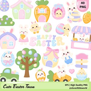 Cute Pastel Easter Town with Kawaii Bunny & Chick Clipart Bundle PNG (Digital Download)