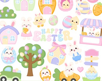 Cute Pastel Easter Town with Kawaii Bunny & Chick Clipart Bundle PNG (Digital Download)