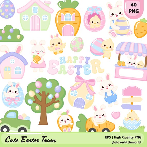 Cute Pastel Easter Town with Kawaii Bunny & Chick Clipart Bundle PNG (Digital Download)