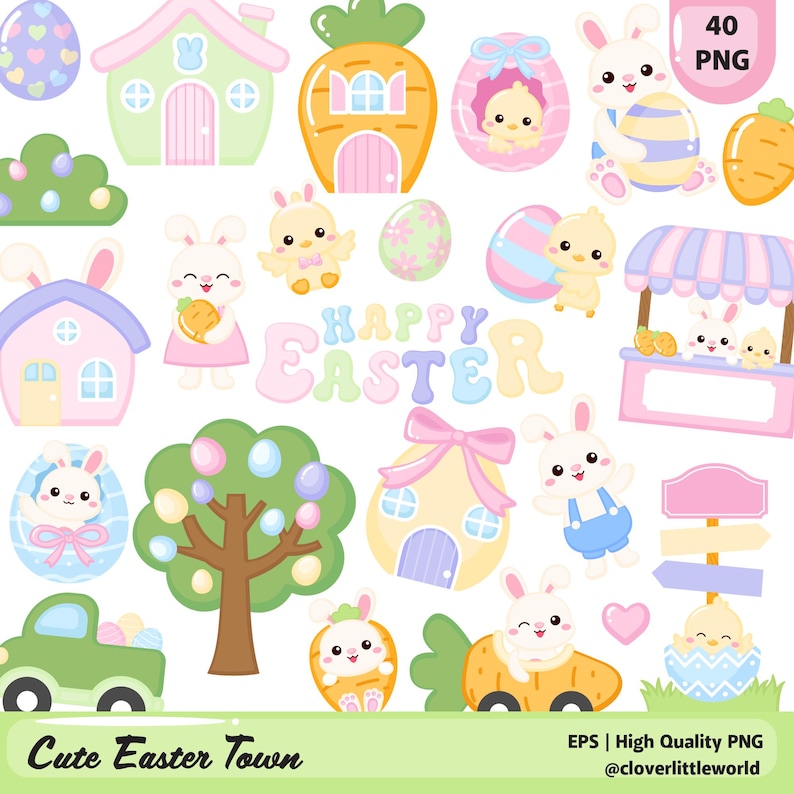 May include: A collection of cute Easter-themed illustrations. The image features houses, bunnies, chicks, eggs, a car, and the text "Happy Easter" and "Cute Easter Town". The color palette includes pastels like pink, green, and yellow.