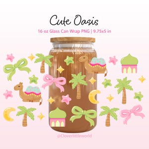 May include: A glass can wrap with a wooden lid, filled with a brown liquid, and decorated with cartoon camels, palm trees, bows, stars, and a mosque. The text "Cute Oasis" is written in cursive. The can wrap is 9.75x5 inches.