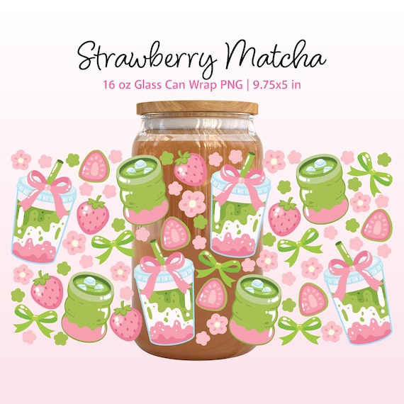Iced Strawberry Matcha Latte 16 oz Libbey Glass Can Wrap PNG, Kawaii Floral Drink Sublimation Wrap (Digital Download)
