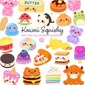 Puede incluir: Una colección digital de 40 ilustraciones de personajes coloridos y sonrientes, incluyendo una barra de mantequilla, gofre, panda, rana, pulpo, patatas fritas, porción de pizza, hamburguesa y pastel. El texto dice Kawaii Squishy.