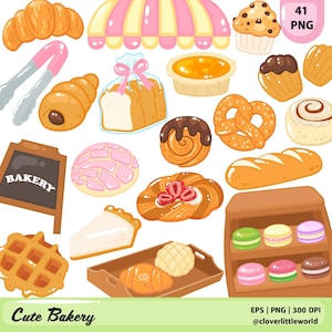 Puede incluir: Ilustración colorida de una panadería con diversos productos horneados. Incluye cruasanes, magdalenas, pan, pretzels y pasteles. Un letrero dice "Bakery". La imagen también presenta un toldo a rayas rosas y amarillas y una exhibición de macarons.