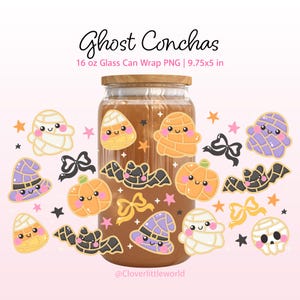 May include: A glass can with a wooden lid featuring a Ghost Conchas 16 oz Glass Can Wrap PNG 9.75x5 in design. The pattern includes cute illustrations of mummies, pumpkins, bats, witch hats, and bows in pastel colors with small stars.