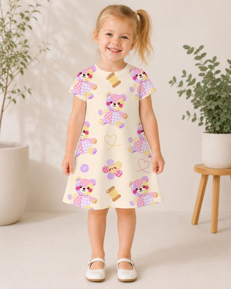 K&ouml;nnte beinhalten: Ein cremefarbenes Kurzarmkleid mit einem sich wiederholenden Muster aus Patchwork-Teddyb&auml;ren in Rosa-, Lila- und Gelbt&ouml;nen, durchsetzt mit kleinen braunen Garnrollen, lila Kn&ouml;pfen und gestrichelten Herzumrissen.