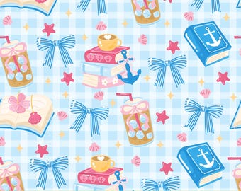 Küstenkaffee und Bücher mit blauem Gingham Hintergrund Musterdesign PNG, Digital Download Papier