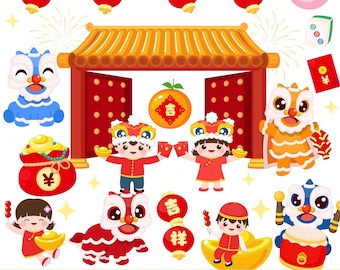 Kawaii Lunar New Year Clipart Bundle | Chinese Kids, Lion Dance, Red Envelope, Prosperity EPS PNG Set