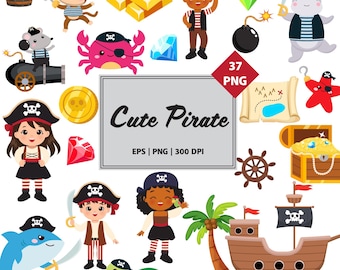May include: A collection of cute pirate-themed illustrations. The image includes a pirate ship, treasure chest, gold coins, gems, and various pirate characters such as a monkey, shark, and turtle. The text "Cute Pirate" is displayed in the center.
