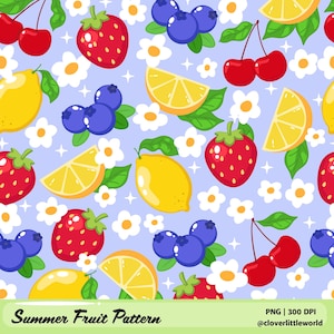 May include: A seamless pattern featuring illustrations of strawberries, blueberries, lemons, cherries, and white flowers on a light blue background. The text "Summer Fruit Pattern" is at the bottom.
