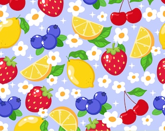 Sommerfruchtmuster PNG, Erdbeer-Zitronen-Kirsch-Blaubeermuster, süßes Gänseblümchen-nahtloses Muster, Sommer-Clipart-Muster, Stoffsublimation