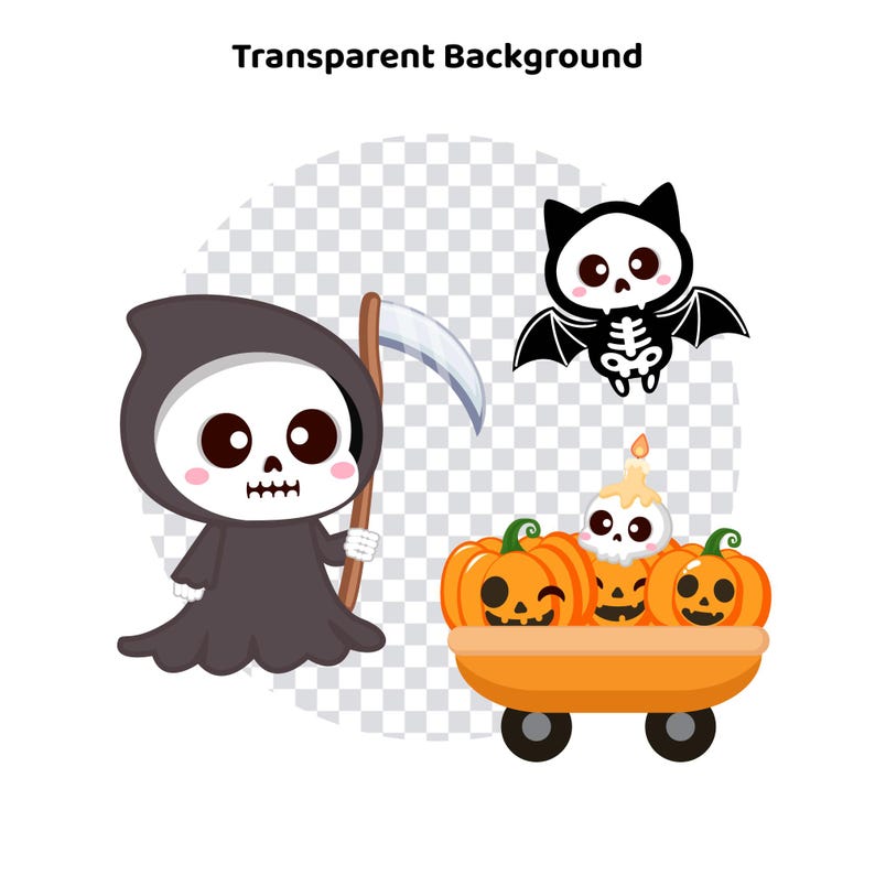 May include: A cartoon illustration featuring Halloween-themed characters. A grim reaper with a scythe, a bat skeleton, and a wagon filled with jack-o'-lanterns and a candle-topped skull. The background is transparent with the text "Transparent Background".