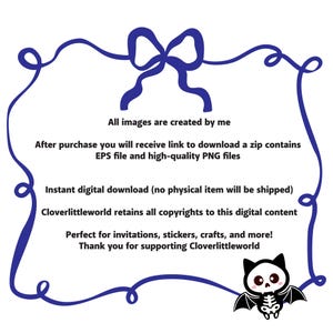 May include: Digital download graphic with a blue frame and bow. Text includes "All images are created by me" and "Instant digital download." A cute skeleton bat graphic is in the lower right corner.