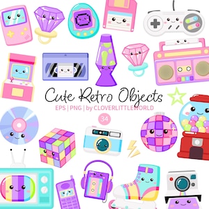 May include: A collection of colorful, kawaii-style illustrations featuring retro objects including a handheld game, ring pop, floppy disk, controller, arcade cabinet, VHS tape, lava lamp, boombox, CD, cube puzzle, camera, disco ball, and roller skate.