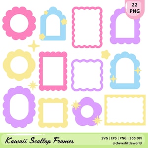 May include: A collection of colorful, scalloped frames in various shapes, including circles, squares, and arched designs. The frames are in pastel shades of pink, blue, yellow, and purple, with star accents. Text at the bottom reads "Kawaii Scallop Frames".