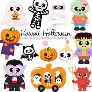 May include: A collection of Kawaii Halloween-themed illustrations. The image features various cartoon characters, including a ghost, skeleton, mummy, zombie, pumpkin scarecrow, bat, pumpkin, skull candle, Frankenstein, vampire, and a devil. The text "Kawaii Halloween" is also present.
