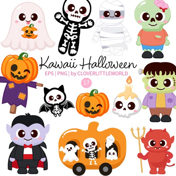 Kawaii Halloween PNG, Cute Spooky Clipart EPS, Ghost Pumpkin Skeleton Vampire Frankenstein Devil Graphics for Kids, Digital Download