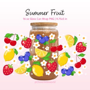 May include: A glass can wrap with a wooden lid, filled with a brown liquid, and decorated with illustrations of lemons, strawberries, blueberries, cherries, and white flowers. The text "Summer Fruit" is at the top. The wrap is 9.75x5 inches.