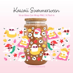 May include: A glass can wrap with a wooden lid featuring a "Kawaii Summerween" design. The design includes cartoon ghosts wearing sunglasses, hats, and holding watermelon slices, with skulls and starfish accents. The can wrap is 9.75x5 inches.