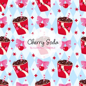 May include: A repeating pattern featuring cute red soda cups with smiling faces, pink striped straws, and cherries with pink striped bows on a light blue diamond background with red stars. The text reads Cherry Soda by CLOVERLITTLEWORLD.