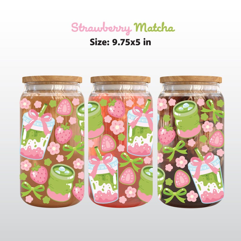 May include: Three glass jars with wooden lids, each decorated with a strawberry matcha theme. The jars feature illustrations of matcha drinks, strawberries, flowers, and bows. The text "Strawberry Matcha" and "Size: 9.75x5 in" are displayed at the top.