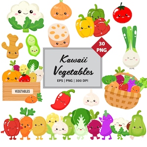 May include: A collection of kawaii-style vegetable illustrations, including a cauliflower, onion, bell peppers, tomato, and more. A wooden crate and a woven basket are filled with various vegetables. The image includes the text "Kawaii Vegetables".