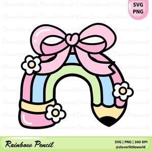 May include: A colorful illustration of a rainbow-shaped pencil with a pink bow and white flowers. The pencil is composed of pastel colors, including pink, blue, and yellow. The text "Rainbow Pencil" is at the bottom.