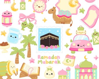 Set di clipart islamiche carine per Eid e Ramadan Mubarak EPS PNG (download digitale)