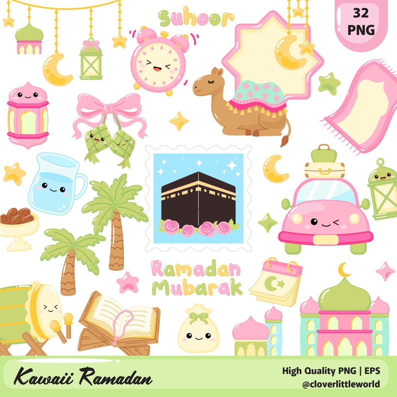 May include: A collection of Kawaii Ramadan-themed illustrations. The image features a pink alarm clock, a camel with a patterned blanket, a car with luggage, a mosque, and other festive elements. The words "Ramadan Mubarak" and "Kawaii Ramadan" are also present.