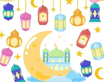 Islamic Ramadan Lantern Clipart Set with Mosque Building Decoration EPS PNG (Digital Download)