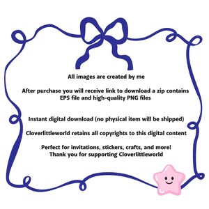 May include: Digital download graphic with a blue ribbon frame and text. The text includes "All images are created by me" and "Perfect for invitations, stickers, crafts, and more!" A pink star with a smiling face is in the lower right corner.