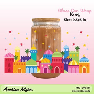 Arabian Nights Glass Can Wrap 16oz | Ramadan Mosque City Seamless PNG